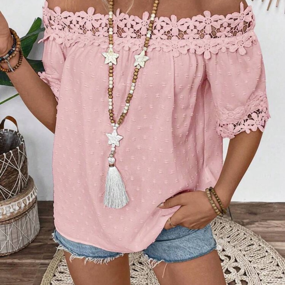 Pink Lace Off-Shoulder Top - Picture 3 of 6